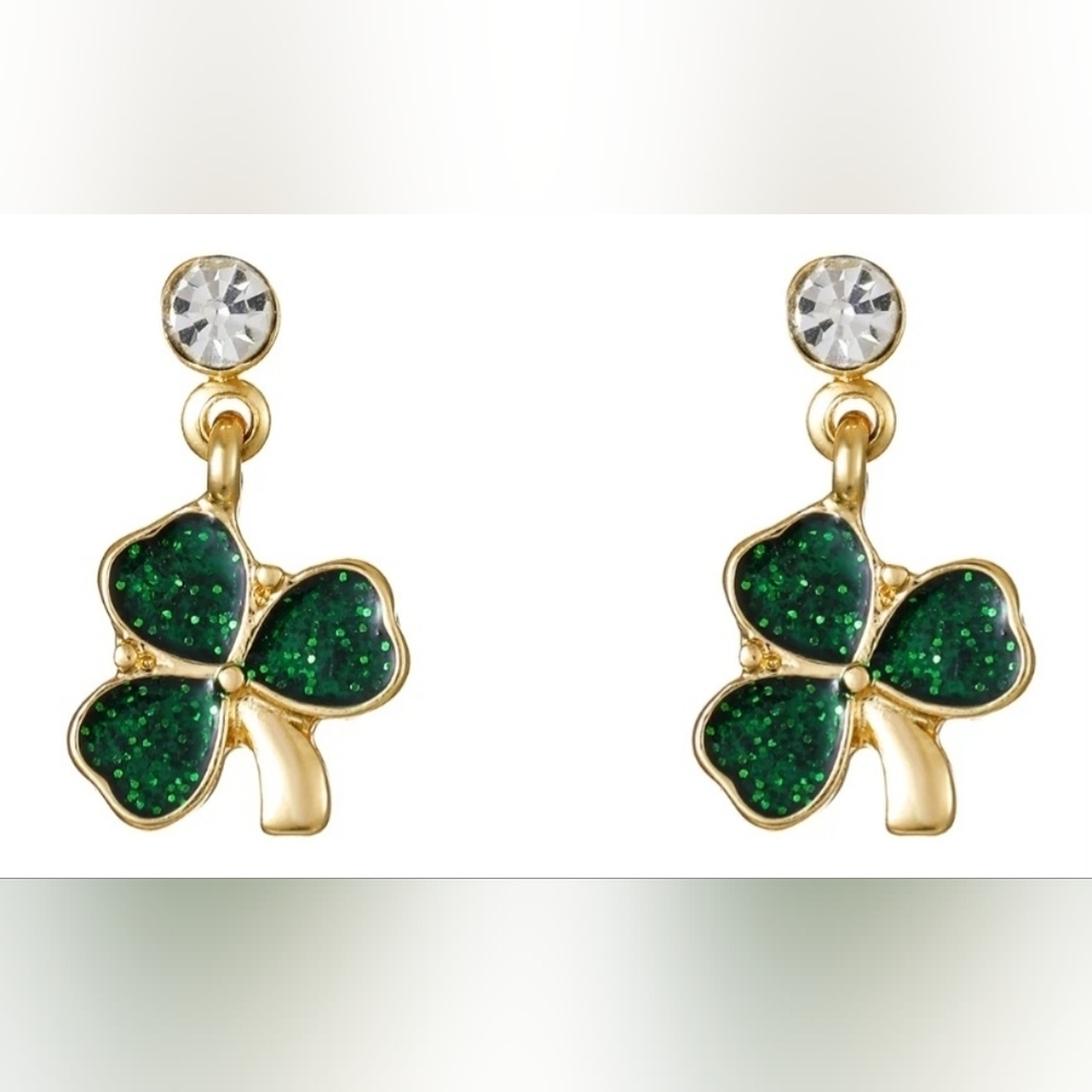 Gold Tone Green Clear Faux Diamond Clover Earrings Hyper-Allergenic